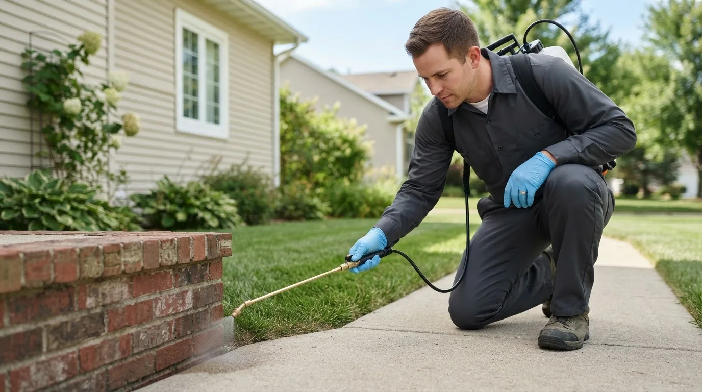 Pest control technician treating a home near Raynham, MA