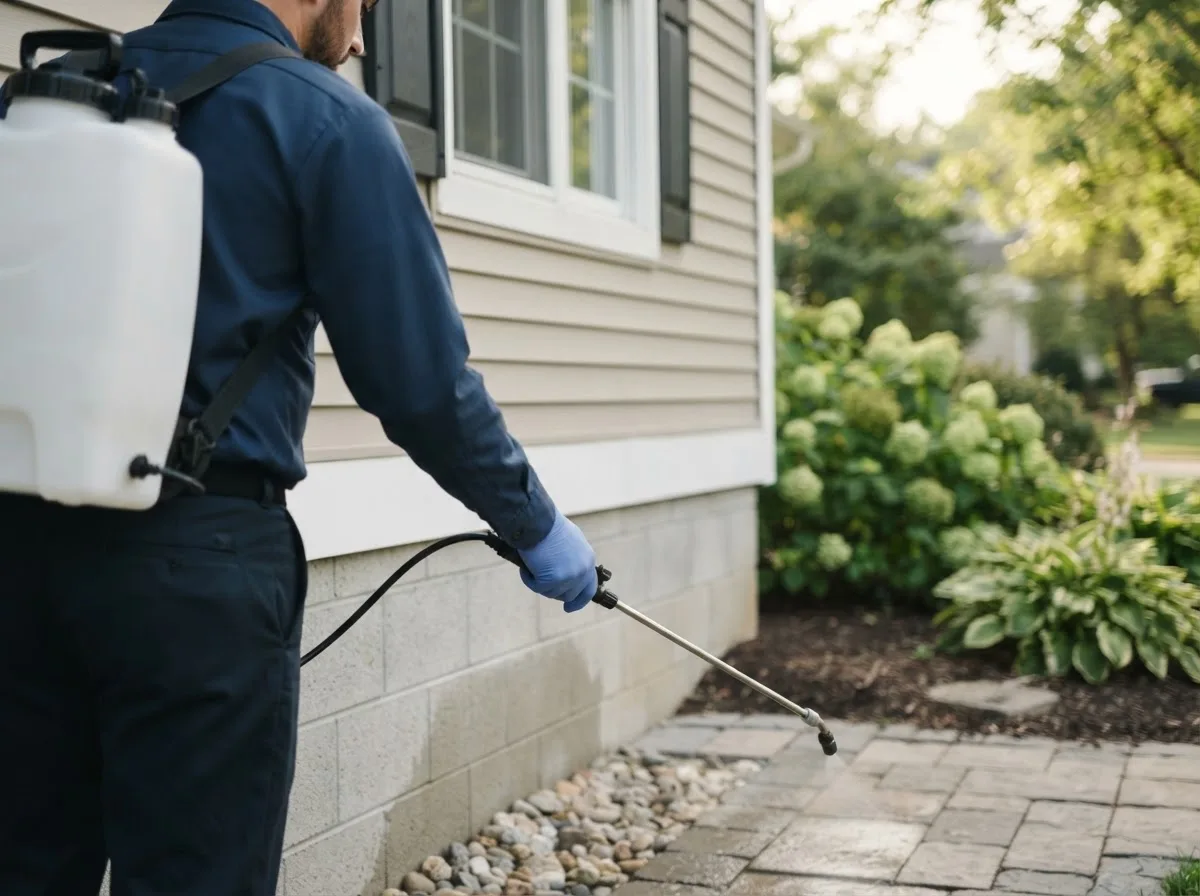 Pest control technician inspecting a home in Raynham, MA